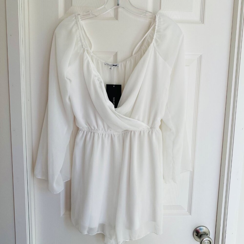 Fashion Nova White sheer long sleeve Romper NWT